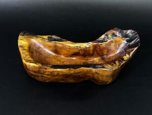 sa☆/ 希少 天然木 刳り貫き 無垢材 飾り台 小物入れ 全長25㎝ 器 トレー * 玉杢 蟹杢 金襴杢 縮杢 /DY-4997