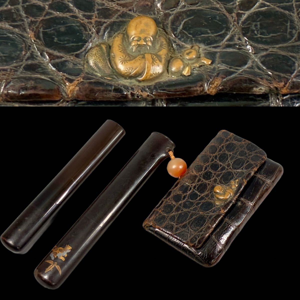 専用 Y2978-6 時代物 象嵌銀金具 煙管筒 煙草入 キセル筒 Y2978-6 時代物 象嵌銀金具 煙管筒 煙草入 キセル筒