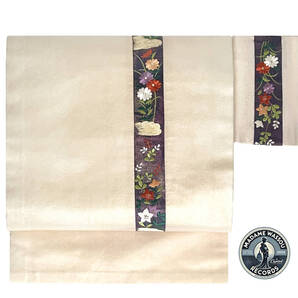 名古屋帯 九寸 引箔 西陣織 正絹 秋のお花 お太鼓柄 ゴールドベージュ セミフォーマル~ 仕立て上がり MWR-No.349 27102025 マダム 和装