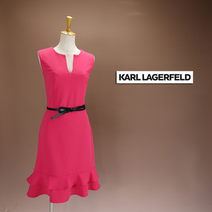 新品カールラガーフェルド 8/13号 キュートなピンク リボンのベルト付 ワンピース ノースリーブ フリル 膝丈 パーティ ドレス 輝25Z2403