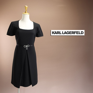 新品カールラガーフェルド4/9号 黒い小さなドレス リボン ビジュー 半袖 ワンピース 膝丈 パーティ ドレス 結婚式 華50Z2701