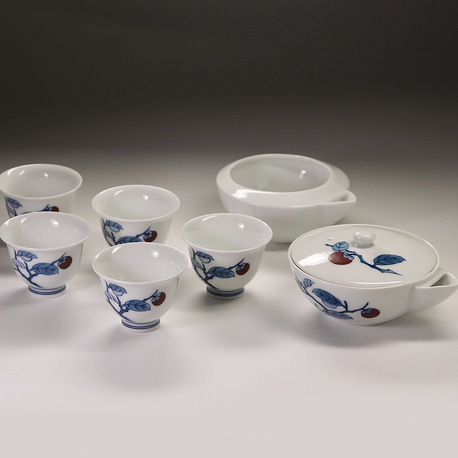 【近江の蔵道具】大正～昭和前期 柿右衛門 染錦柿文煎茶碗五客 真作 柿右衛門窯 錦桜文皿（五客組） \u2013 ギャラリー一番館オンラインショップ