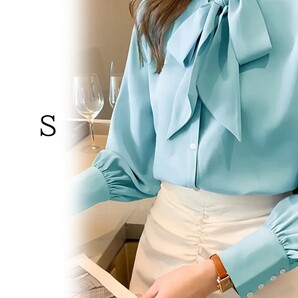 ★レディース長袖ブラウス ライトブルー リボンディテール付き カジュアルワークウェア S