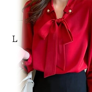 ★レディース 長袖 ボウタイ ブラウス ボーディテール オールシーズン トップス 赤 L