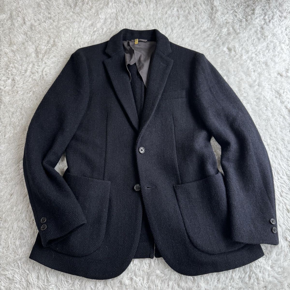 【美品】パパス ハリスツイード テーラードジャケット くるみボタン ネイビー L 美品】パパス ハリスツイード テーラードジャケット くるみ