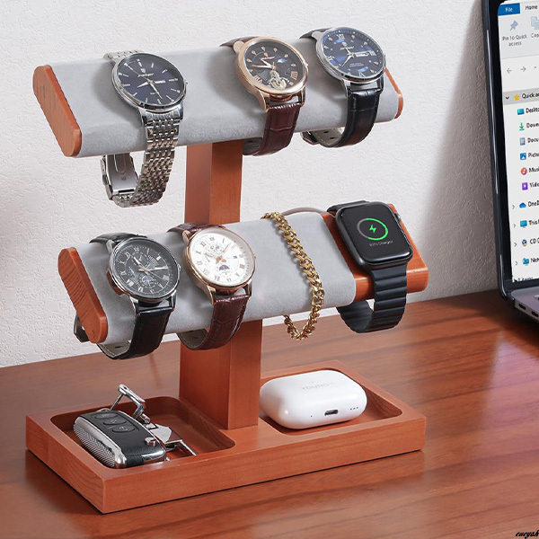 【複数の腕時計を美しく見せながら、整理整頓できる】 Tバーウォッチホルダー 木製 ナチュラル 腕時計ディスプレイ ライトブラウン