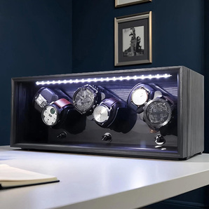 【LEDライト付きで暗い場所でも時計の確認が容易】 ワインディングマシーン 6本巻き 自動巻き上げ機 USB給電 静音ワインダー