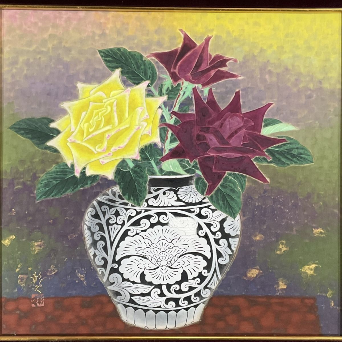 牧進 紅薔薇 紙本彩色10号 静物画 花 共シール 日本画 原画 絵画 真作保証 牧進 紅薔薇 紙本彩色10号 静物画 花 共シール 日本画 原画 絵画