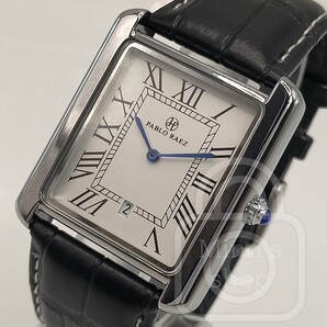 オールシーン対応レクタングル【大人の為のハイクオリティ2針ドレスウォッチ/新品】日付 パールホワイト文字盤/サファイアブルー針/黒革