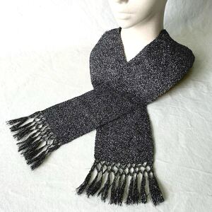 ラメ マフラー スカーフ ストール えり巻き ブラック シルバー ハンドニット Yohko Nomura hand knit フリンジ 小物