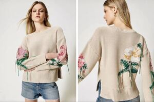 美品 TWINSET 47,000円 コットン ニット セーター トップス 花柄 フラワー ライトベージュ オフホワイト イタリア ミラノ