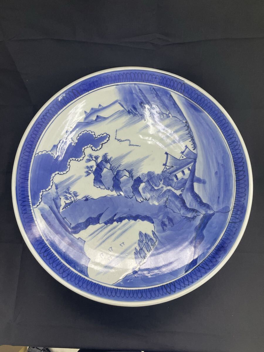 大皿 骨董 皿 色絵 古美術 時代物　焼　アンティーク　古い　青　現状品 