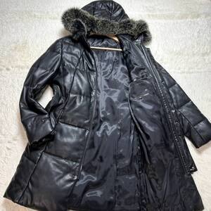 未使用級◎レザー調ダウンジャケット ロングコート ダウンコート Lサイズ ファー ブラック 黒 アウター メンズ 秋冬 カジュアル