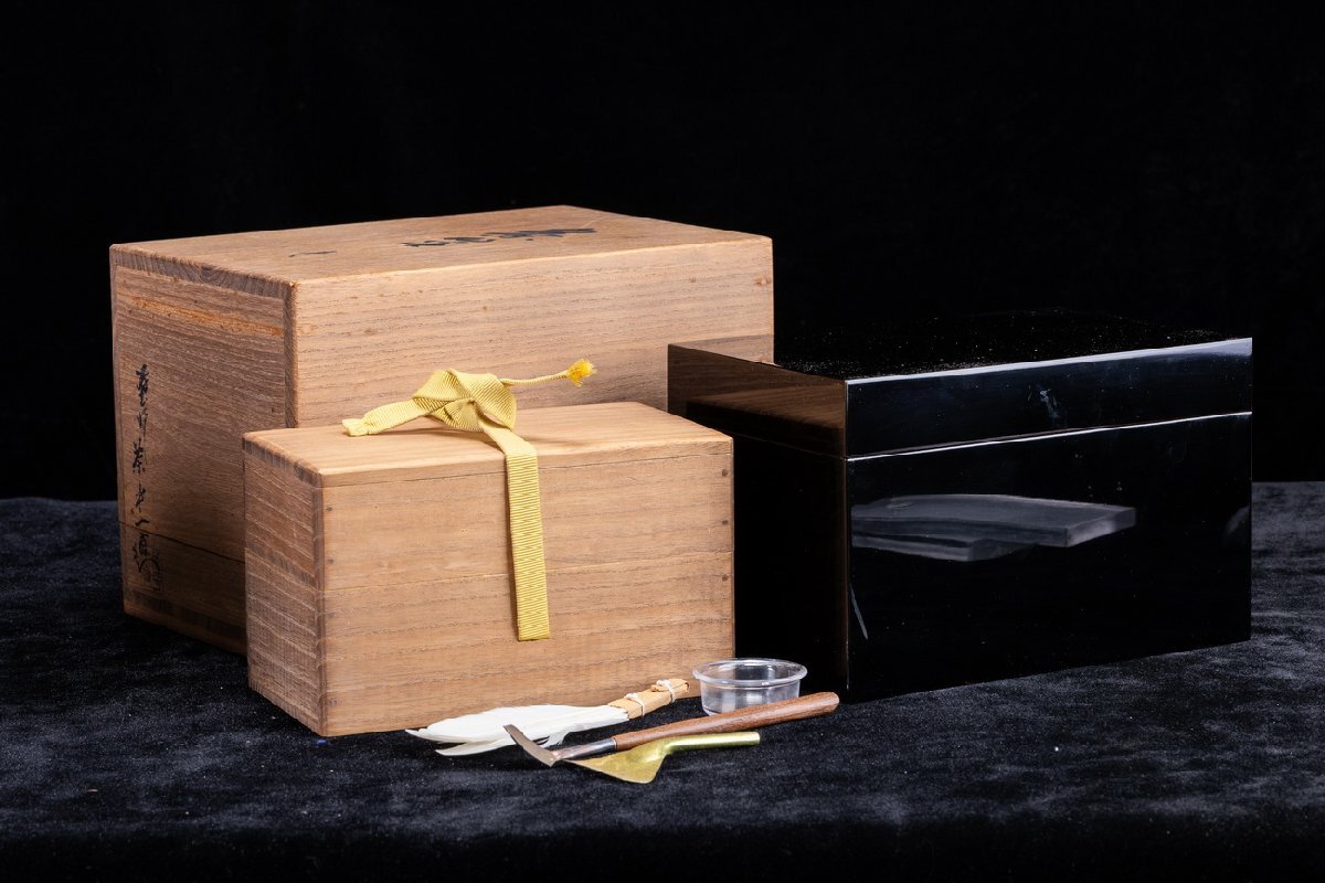 未使用 茶道具 黒塗 短册箱 茶箱 茶道具一式 十二点セット 元箱 茶道具 茶箱用三点セット 塗 三点セット 黒塗り 春秋 茶筅筒 棗