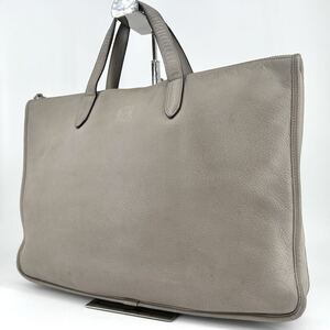 【美品】LOEWE ロエベ ブリーフケース ビジネスバッグ アナグラム メンズ A4可 書類鞄 通勤 レザー 本革 グレー ロゴ 型押し