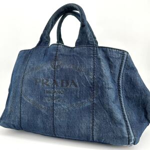 【美品】 PRADA プラダ カナパ デニム ハンドバッグ トートバッグ 三角ロゴ メンズ レディース 手提げ 肩掛け ブルー系
