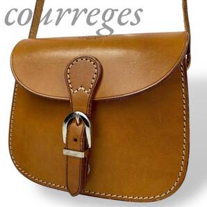【B3655】courreges クレージュ ショルダーバッグ オールレザー ベルト ライトブラウン スナップボタン マチあり