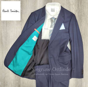 【美品】ポールスミス 秋冬物 model1545 平織パターン柄 ネイビー スーツ 94-80-175 (Lサイズ) Paul Smith
