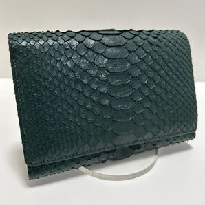 ☆良品☆ ◆donna ドンナ パイソン 本革 かぶせ 折り財布 グリーン◆ 蛇革 L字ジップ 小銭入れ 仕切り有 深緑 【送料無料】1003
