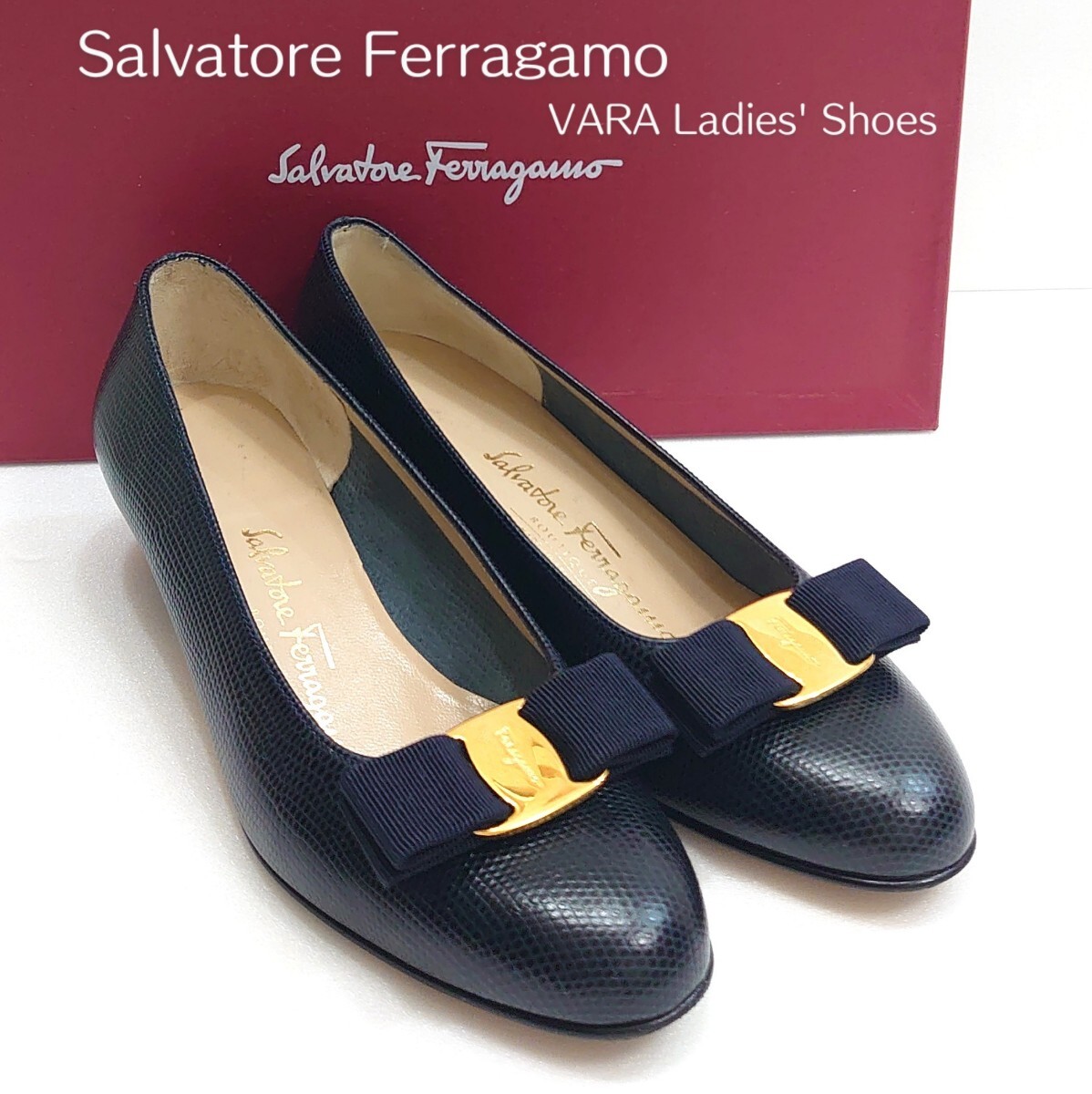 Salvatore Ferragamo ネイビー リボンヒール 23未使用 Salvatore Ferragamo サルヴァトーレフェラガモ パンプス 未使用