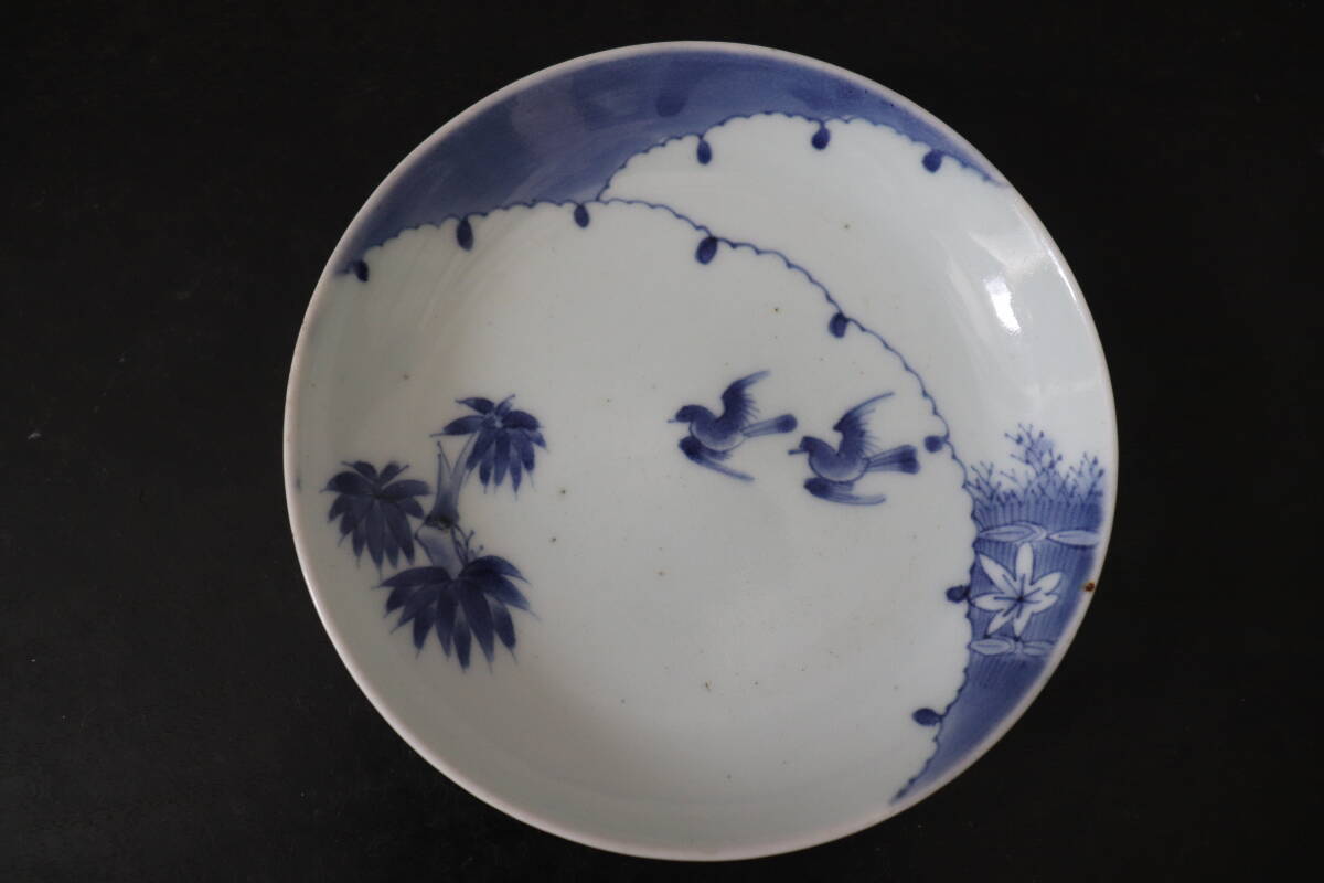 K613⭐︎藍九谷 雲に水辺の鳥文 六寸皿 墨弾き 完品 中皿 古美術 K613⭐︎藍九谷 雲に水辺の鳥文 六寸皿 墨弾き 完