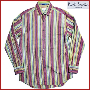 即決★Paul SmithメンズM 長袖コットンシャツ ポールスミス マルチカラー ストライプ 綿100% 日本製