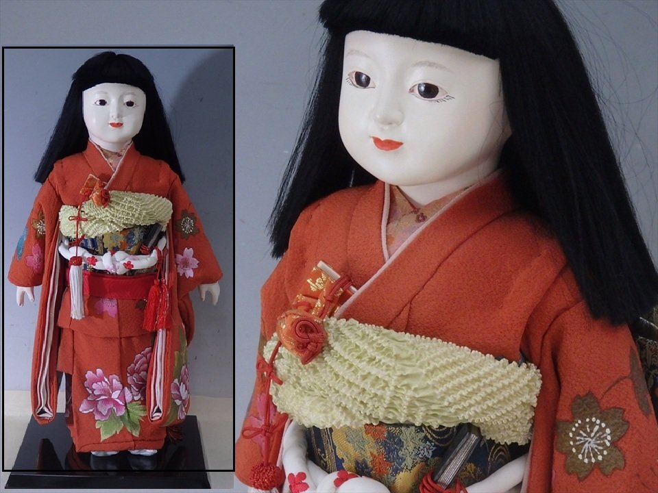 市松人形骨董・蔵出し品・ガラス目#和人形・当時物、手作り#レトロ・キット・古着 市松人形 抱き人形 ガラス目 明治期 ガラス戸付き 古い市松人形