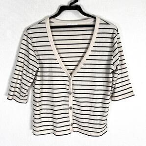 【Helm】ヘルム アイボリー系 ボーダー ニット 五分袖 カーディガン トップス 女性用 レディース Mサイズ【c022】