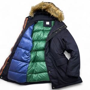 【極美品XLサイズ!!!】Paul Smith ポールスミス 現行 ダウンジャケット ロング丈 ファー リアルダウン マルチカラー メンズ ダークネイビー
