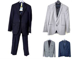 5点 セット メンズ S ZARA MAN スーツ 上下 ジャケット H&M SLIM FIT ジャケット ネイビー グレー 44 シルク ウール コットン