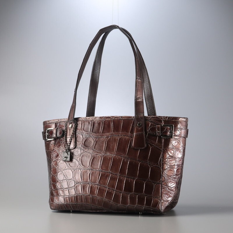 未使用！本革クロコダイル型押しレザー トートバッグ グレー&ホワイト レディース グレー クロコ型押し レザー ハンドバッグ ミニ