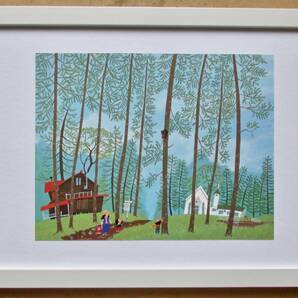 原田泰治 「新緑の軽井沢12-41」印刷物 画集画 A4新品額入り スタンド付き