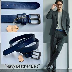◆モデル出品◆新品-Navy- スリムライン レザーベルト ジャケットスタイル ワンランク上の上質牛革 ネイビー ※選べる8800円ベルトNo.332