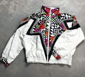 希少 LILY'S 80s vintage USA製 総柄 切り替え ブルゾン ユニセックス M 花柄 幾何学 ドルマン 80年代 アメリカ製 古着 ホワイト ブラック