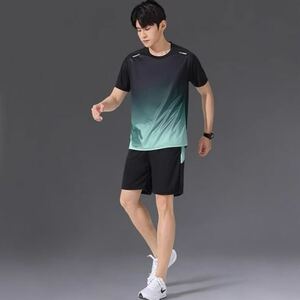 スポーツウェア メンズ 上下セット フィットネスウェア 半袖 2XL グリーン