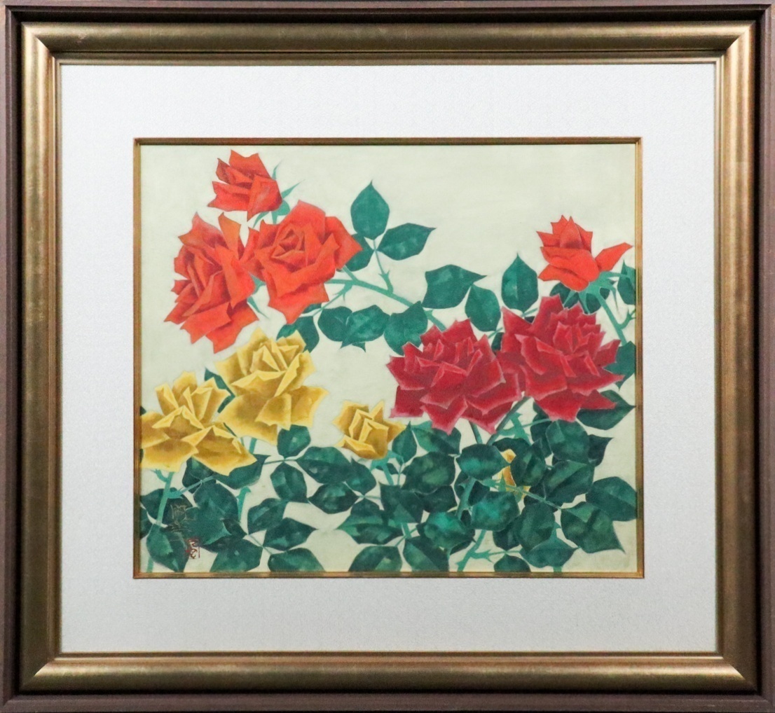 牧進 紅薔薇 紙本彩色10号 静物画 花 共シール 日本画 原画 絵画 真作保証 牧進 紅薔薇 紙本彩色10号 静物画 花 共シール 日本画 原画 絵画