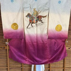 祝い着男子供 産着熨斗目着物 お宮参り用 騎馬武者刺繍衣装 K125