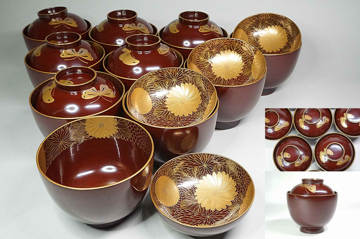 時代物骨董　木製漆器吸物椀七客　蒔絵・黒内朱　源氏物語　松風・葵の上　7客組 天然木製漆塗 輪島塗 松に屋敷風景画 高蒔絵 黒大吸物碗 - 生活