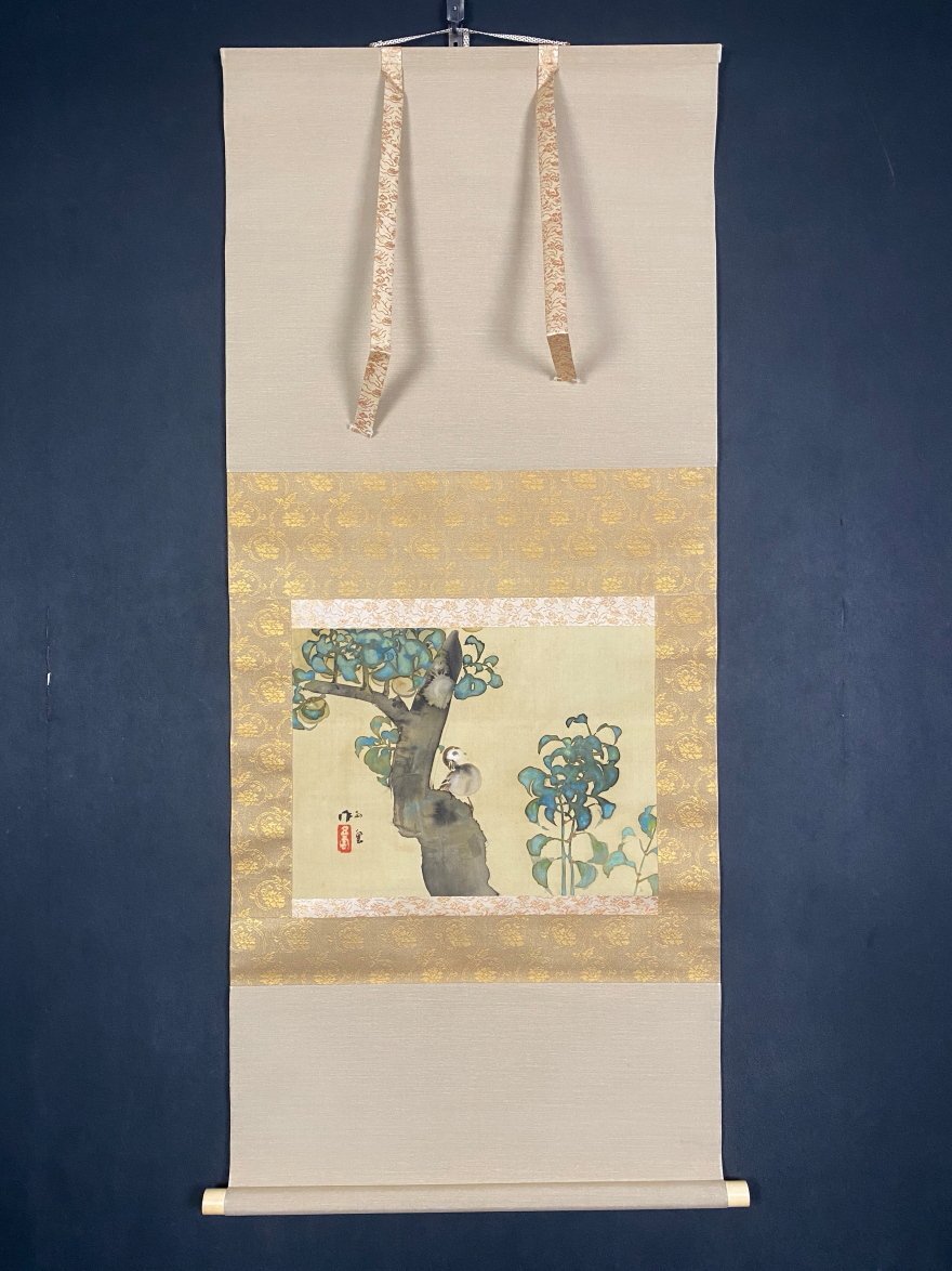 真作/竹内栖鳳/雀飛翔図/絹表装/桐極箱付/布袋屋掛軸HH-931 真作/竹内栖鳳/雀飛翔図/絹表装/桐極箱付/布袋屋掛軸