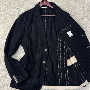 美品/Lサイズ★ ポールスミス Paul Smith テーラードジャケット ブレザー コンチョボタン 銀ボタン ストライプ 黒 ブラック ウール メンズ