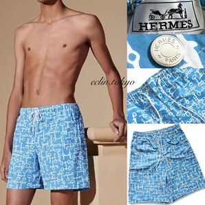 【E4730】未使用!2024春夏 HERMES エルメス《輝くセリエボタン!》完売品!Metallerie Givree swim trunks -Blue 水着 ハーフパンツ 水色