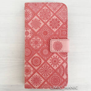 iPhone 14 / 13 ケース スマホ 手帳型 カードケース ピンク pink エスニック風 曼荼羅模様 エンボス加工 アイフォン