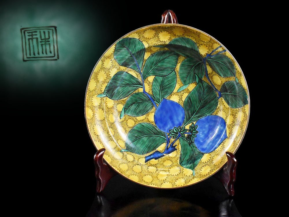 【和】古美術収集家買出品　珍品　古九谷焼飾り皿 白金花柄　本物ラベル付き 和】古美術収集家買出品 珍品 古九谷焼飾り皿 白金花柄 本物