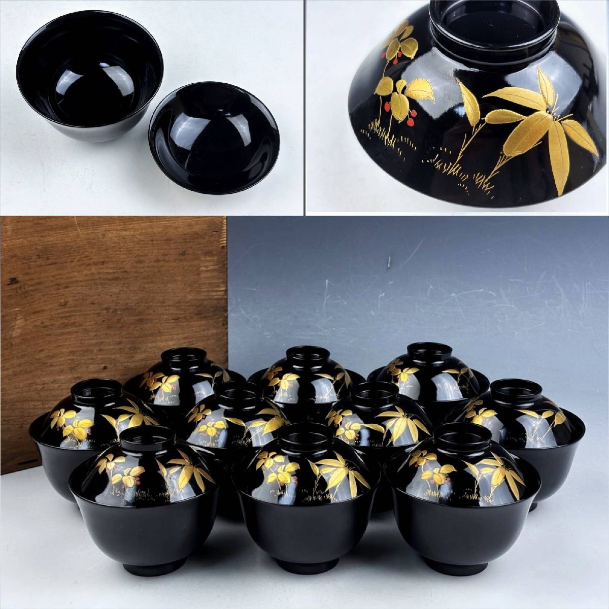未使用 懐石道具 木製朱塗 箸洗 5客揃 竹蒔絵 内黒 竹形 小吸物椀 和食器 未使用 懐石道具 木製朱塗 箸洗 5客揃 竹蒔絵 内黒
