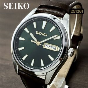 新品 セイコー/SEIKO クォーツ 海外モデル グリーン文字盤×カーフレザー SUR449 メンズ腕時計 サファイアガラス 100m防水