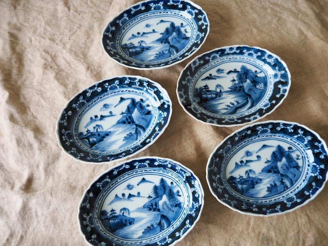 #2骨董　アンティーク　藍九谷　染付　山水図　角皿　隅切角皿　小皿　2枚 2骨董 アンティーク 藍九谷 染付 山水図 角皿 隅切角皿 小皿