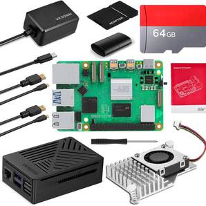 Raspberry Pi 5 Starter Kit 技適済み 8GB本体/アクティブクーラー/PD電源アダプター/64GBメモリカード/ABS黒色ケース/MicroHDOUTケーブル