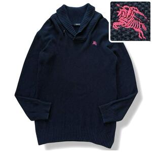 【極美品/メンズL】バーバリーブラックレーベル ショールカラー くるみぼたん ニット セーター ホースロゴ刺繍 ネイビー 紺色 サイズ3