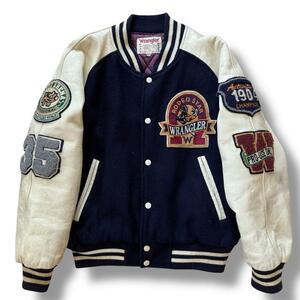 【両面ワッペン】vintage 90s Wrangler ラングラー スタジャン ジャケット アウター スタジアム ジャンパー レザー ウール 牛革 大きめM