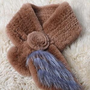 新品◆お花デザイン★上質シルバーフォックスとレッキスの編込みマフラー毛皮ファー